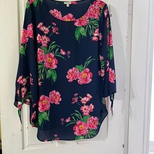 Talbots Navy and Pink Floral Blouse